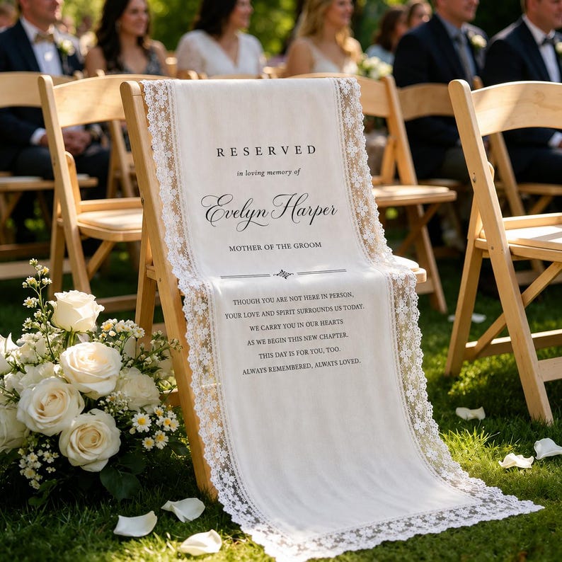 May include: A white fabric memorial sign draped over a wooden folding chair, featuring lace trim and black text that reads: RESERVED in loving memory of Evelyn Harper MOTHER OF THE GROOM, followed by a poem about love and spirit.