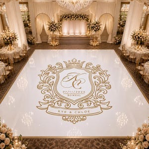 May include: A large white dance floor featuring a central gold crest with the monogram KC, the date 07/11/2026, the location Bowral, and the names Kye & Chloe. The floor is set in a ballroom with white drapery, floral arrangements, and chandeliers.