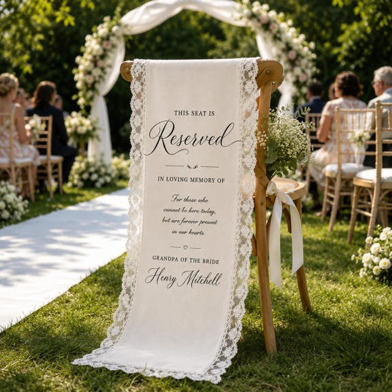 Custom Linen with Lace Wedding Memorial Chair Sign, Reserved Memorial Sign, In Loving Memory Wedding Decor, Sympathy Gift, Reserved Banner