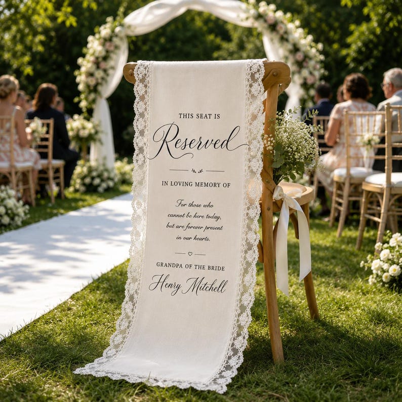May include: A cream-colored fabric memorial sign draped over a wooden chair, featuring white lace trim. The text reads: This seat is Reserved in loving memory of For those who cannot be here today, but are forever present in our hearts. Grandpa of the bride Henry Mitchell.