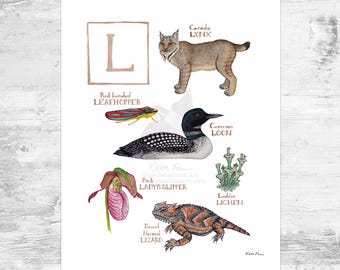 Letter &quot;L&quot; Nature Alphabet Art Print  / 8x10 Monogram Initial Wall Art
