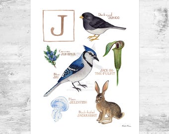 Letter &quot;J&quot; Nature Alphabet Art Print  / 8x10 Monogram Initial Wall Art
