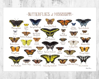 Mississippi Butterflies Field Guide Art Print / Butterfly Poster / Watercolor Painting / Wall Art / Nature Print
