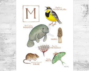 Letter &quot;M&quot; Nature Alphabet Art Print  / 8x10 Monogram Initial Wall Art