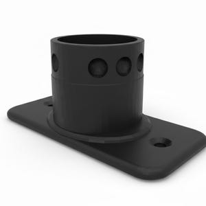 May include: A black metal pipe flange with a cylindrical socket and a rectangular base. The socket has three circular openings. The base has two holes for mounting. The object is set against a white background.