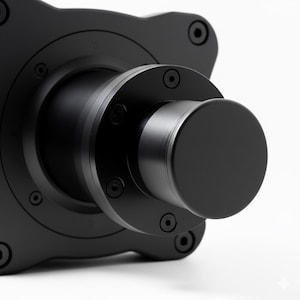 May include: Close-up of a black mechanical component with a cylindrical knob. The component has a circular design with multiple screw holes and a matte finish. The knob is smooth and rounded.