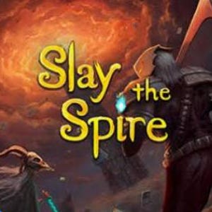 Può includere: L'immagine presenta il testo "Slay the Spire" in giallo, con un carattere stilizzato su uno sfondo infuocato arancione e rosso. È visibile una figura incappucciata con una spada e una creatura cornuta.