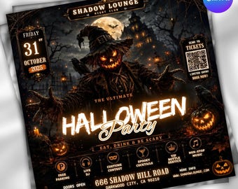 May include: A Halloween party flyer for Shadow Lounge featuring a central scarecrow figure with a glowing jack-o'-lantern head, a haunted mansion background, and text including Friday 31st October 2025, The Ultimate Halloween Party, and 666 Shadow Hill Road.
