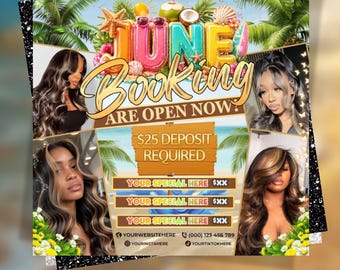 Folleto de reservas de junio, folleto de reservas de verano, apertura de libros de junio, folleto de peluquería de verano de junio, folleto de uñas de junio, folleto de pestañas de junio, folleto de maquillaje de junio