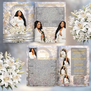 | Editable Obituary Brochure | White Gold Funeral Magazine, memorial program, memorial programs, memorial card, ceremony program, memorial service, memorial background, memorial template, memorial canva, funeral program, obituary program, white funeral, white memorial, funeral program, memorial program, celebration of life, funeral booklet, in loving memory, bifold funeral, funeral programme, 8 page funeral, canva template, obituary program, funeral template, white program, gold rose program
