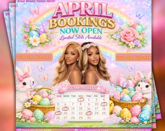 Folleto de reservas de abril: maquillaje, peluquería, pestañas y uñas. Folleto de reservas de Pascua. Folleto de calendario. Folleto de reservas de salón. Plantilla de Canva editable para abril.