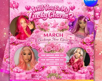 Boekingsflyer maart, Will You Be My Lucky Chram?, Now-flyer Hair Braid Lash Nail MUA boekingsflyer, flyer verkoop klantenwaardering, bewerkbaar