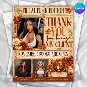 May include: A flyer titled The Autumn Edition featuring a thank you message to clients, photos of two individuals, and text stating November books are open. The design includes orange and brown autumn leaves, a pumpkin, and a $20 off coupon.