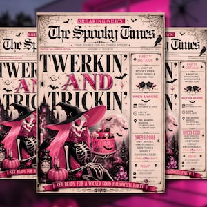 Inbjudan till Halloweenfest till Trickin and Twerkin-tidningen, inbjudan till rosa maskeradfest, inbjudan till Halloween för tjejkväll, redigerbar Canvas-mall
