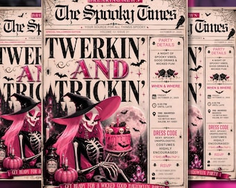 May include: A Halloween party flyer titled The Spooky Times featuring a skeleton in a witch hat holding a pink cake. The text reads TWERKIN' AND TRICKIN' with party details including the date October 31, 2025, at The Haunted Mansion, 123 Witch Way.