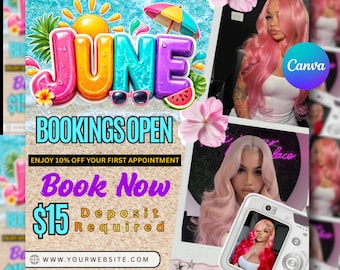 Folleto de reservas de junio, folleto de reservas de verano, apertura de libros de junio, folleto de peluquería de verano de junio, folleto de uñas de junio, folleto de pestañas de junio, folleto de maquillaje de junio