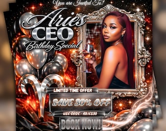 Volante de cumpleaños de CEO, signo de Aries, signo de Piscis, volante de cumpleaños de jefe, plantilla de Canva (descarga digital editable)