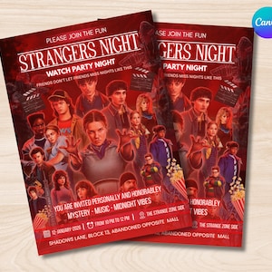 May include: Two red flyers advertising a "STRANGERS NIGHT" watch party, featuring images of characters. The text reads "FRIENDS DON'T LET FRIENDS MISS NIGHTS LIKE THIS". The event is scheduled for January 12, 2026, with details on the flyer.