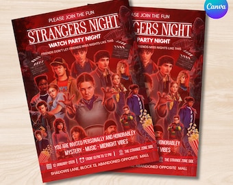 Folleto de fiesta de la Vigilia Nocturna de Extraños, invitación a fiesta temática de terror y misterio, invitación editable en Canva, póster de fiesta rojo oscuro