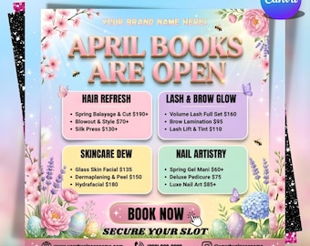 Folleto de reservas abiertas para abril, folleto de primavera y Pascua, maquillaje, peluquería, pestañas, uñas, folleto de reservas de abril, plantilla Canva para reservas de salón de Pascua