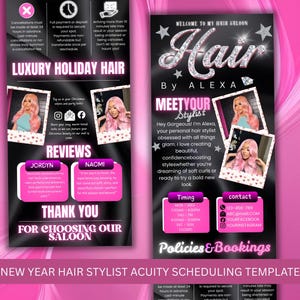 Könnte beinhalten: Ein pink-schwarzer Flyer für einen Friseursalon mit dem Text "Hair by Alexa". Der Flyer enthält Bilder einer Frau mit pinkfarbenem Haar, Salonrichtlinien, Buchungsinformationen und Kundenbewertungen. Das Thema ist luxuriöses Urlaubs-Haar.