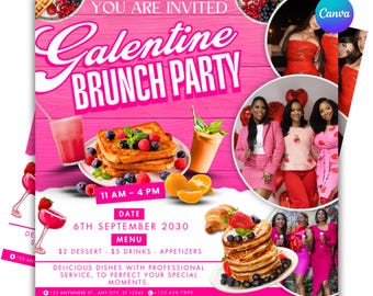 Volante de brunch de Galentine de febrero, volante de brunch de San Valentín, invitación a una reunión de Galentine, San Valentín, brunch para damas, Canva editable