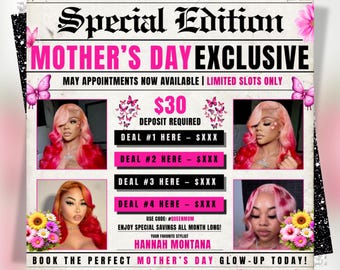 Folleto de reservas para el Día de la Madre, Folleto de reservas de mayo, Reservas especiales para el Día de la Madre, Pestañas para el Día de la Madre, Pelucas de mayo, Uñas de mayo, Reservas de mayo (editable en Canva)