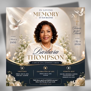 May include: A funeral program template featuring a portrait of Barbara Thompson, with the text IN LOVING MEMORY OF OUR BELOVED, dates of birth and death, and event details. The design includes white flowers, flying doves, and a gold cross.