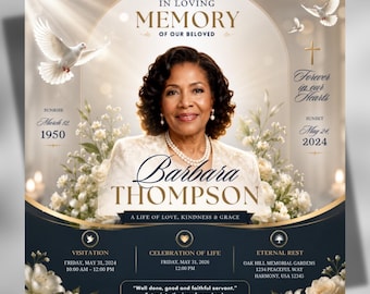 May include: A funeral program template featuring a portrait of Barbara Thompson, with the text IN LOVING MEMORY OF OUR BELOVED, dates of birth and death, and event details. The design includes white flowers, flying doves, and a gold cross.