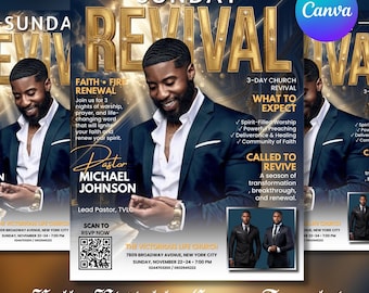 Plantilla de folleto para el Domingo de Avivamiento de la Iglesia - Editable en Canva - Servicio de Adoración - Programa de Conferencia de Oración - Eventos Cristianos - Diseño Moderno Azul y Blanco