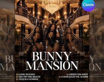 Animated Bunny, Mansion Party Flyer Template, Canva Editable