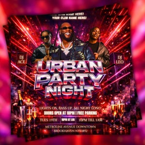 Puede incluir: Un folleto promocional para una noche de fiesta urbana, con tres personas y el texto "URBAN PARTY NIGHT" en negrita. El folleto incluye detalles del evento como la fecha, la hora y el lugar, con un esquema de color rojo y morado vibrante.
