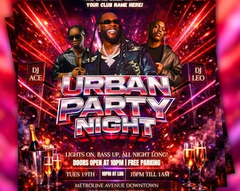 Volante de fiesta urbana, póster de evento de club, noche de música con mega DJ, volante editable de Canva, fiesta de viernes por la noche, volante de evento de música rock para fiestas, editable