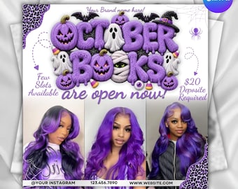 May include: A promotional flyer featuring the text October Books are open now! with purple pumpkin, ghost, and witch hat graphics. Below, three photographs display individuals with long, vibrant purple hair in various styles and shades.