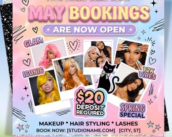 Folleto de reservas de mayo, Folleto de reservas para el Día de la Madre, Peluquería de mayo, Reservas abiertas para mayo, Folleto de citas de mayo, Reserva ahora para mayo, Folleto de extensiones de pestañas, uñas, trenzas y pelucas de mayo