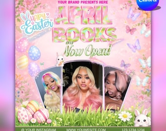Reserva de abril ya abierta, Felices Pascuas, Folleto de reservas de Pascua, Folleto de abril, Folleto especial del conejito de primavera, Cabello, pestañas, uñas, maquillaje, trenzas, editable