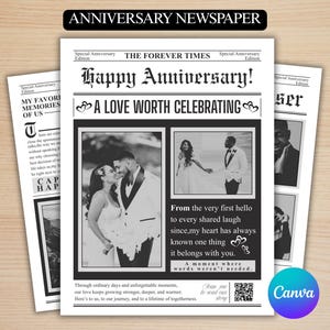 May include: A black and white anniversary newspaper with the headline "Happy Anniversary!" and the text "A Love Worth Celebrating." Includes photos of a couple and romantic text. The Canva logo is visible.