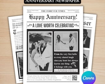 Periódico de aniversario para parejas, anuncio de fiesta, diseño de Canva, periódico de aniversario personalizado y editable, descarga digital