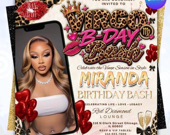 May include: A digital birthday invitation flyer featuring a leopard print text design that reads Virgo B-DAY Bash, a photo of a person with long highlighted hair, red heart-shaped balloons, red lips, and event details for Red Diamond Lounge in Chicago.