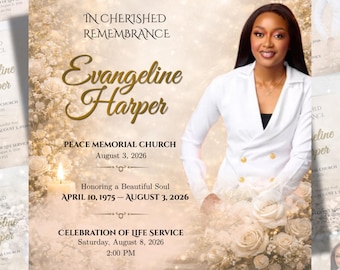 Folleto de anuncio de funeral de Rosas Blancas, Celebración de la Vida, Folleto de anuncio conmemorativo, Invitación a funeral, Plantilla de Canva, Descarga digital