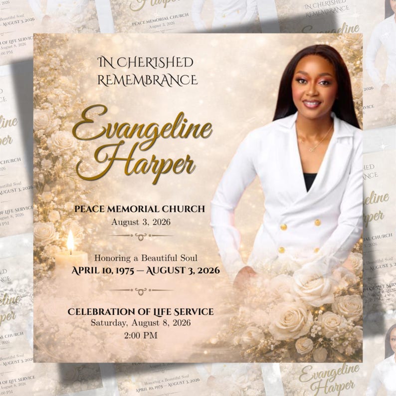 White Roses Funeral Announcement Flyer, Celebration of Life, Memorial Announcement Flyer, Funeral Invite, Canva Template, Digital Download, Blue Rose Funeral Announcement Flyer, Rest In Peace Flyer, Canva Editable, La Rosa- Blue Rose Funeral Invitation Template, Red Roses Funeral Announcement Flyer, Purple Rose Funeral Announcement Flyer, White Roses Only, 8-Page Memorial, PDF Download, In Loving Memory