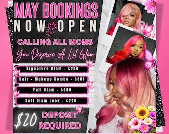 Plantilla DIY para reservas de mayo, folleto de mayo, plantilla DIY de Canva para maquillaje, cabello, pestañas, uñas, folleto de mayo para redes sociales, editable en Canva