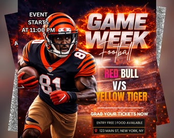 Plantilla editable para volante de fútbol americano, invitación para fiesta deportiva, volante de bienvenida, volante digital para el día del partido, descarga digital