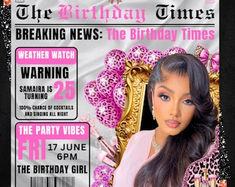 Plantilla de folleto de fiesta de cumpleaños rosa y dorado con diseño de periódico, invitación de cumpleaños con estampado de guepardo, folleto de cumpleaños editable en Canva, folleto de Tauro, fiesta de cumpleaños.