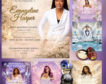 Paquete de folletos para anuncios de funerales, plantillas gratuitas de botones conmemorativos, celebración de la vida, folleto de anuncio conmemorativo, invitación al funeral.