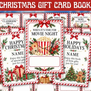 May include: A Christmas gift card book featuring multiple rectangular cards with red and white striped borders, red bows, and holiday illustrations. The central card displays the text WHEN IT'S TIME FOR MOVIE NIGHT above a popcorn bucket graphic.