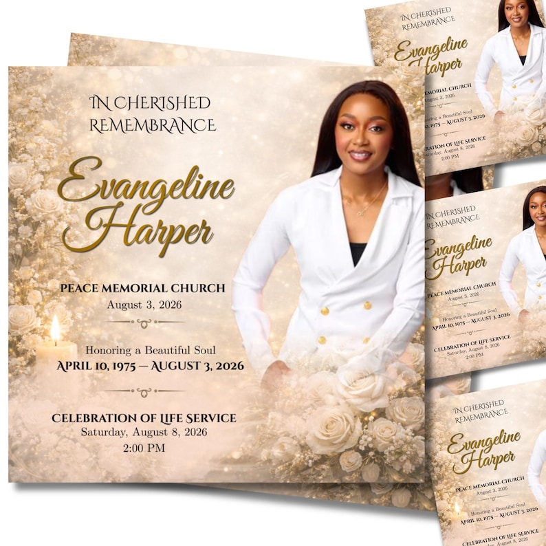 White Roses Funeral Announcement Flyer, Celebration of Life, Memorial Announcement Flyer, Funeral Invite, Canva Template, Digital Download, Blue Rose Funeral Announcement Flyer, Rest In Peace Flyer, Canva Editable, La Rosa- Blue Rose Funeral Invitation Template, Red Roses Funeral Announcement Flyer, Purple Rose Funeral Announcement Flyer, White Roses Only, 8-Page Memorial, PDF Download, In Loving Memory