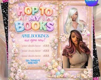 Folleto de reservas de abril, temática de Pascua, folletos de abril, Hop to My Books, plantilla de Canva para folleto de reservas de Pascua, descarga digital, promoción de servicios