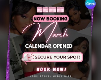 Folleto de reservas para marzo / Calendario abierto para citas de peluquería y pestañas / Plantilla promocional para redes sociales para marzo.