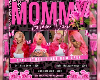 Folleto de reservas para el Día de la Madre, Folleto de reservas para mayo, Reservas especiales para el Día de la Madre, Pestañas para el Día de la Madre, Pelucas para mayo, Uñas para mayo, Editable en Canva